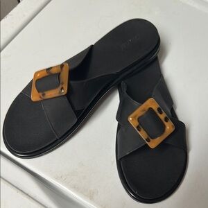 OluKai Black and Brown Sandals with Leather Accents